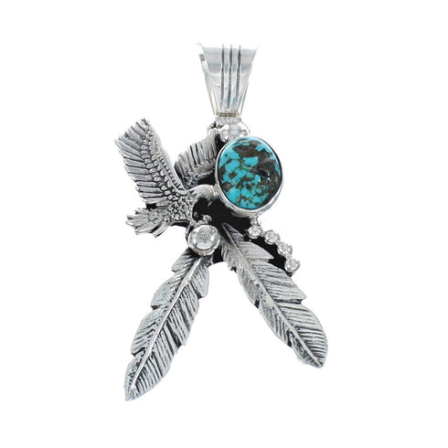 Eagle And Feathers Turquoise Sterling Silver Navajo Pendant NX11682